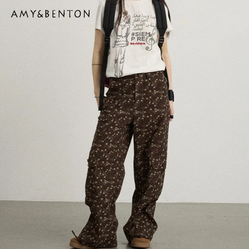 

American Retro Coffee Color Floral Sweet Cool Women's Slacks 2025 New Spring Summer New Loose Wide-Leg Pocket Cargo Pants Ladies