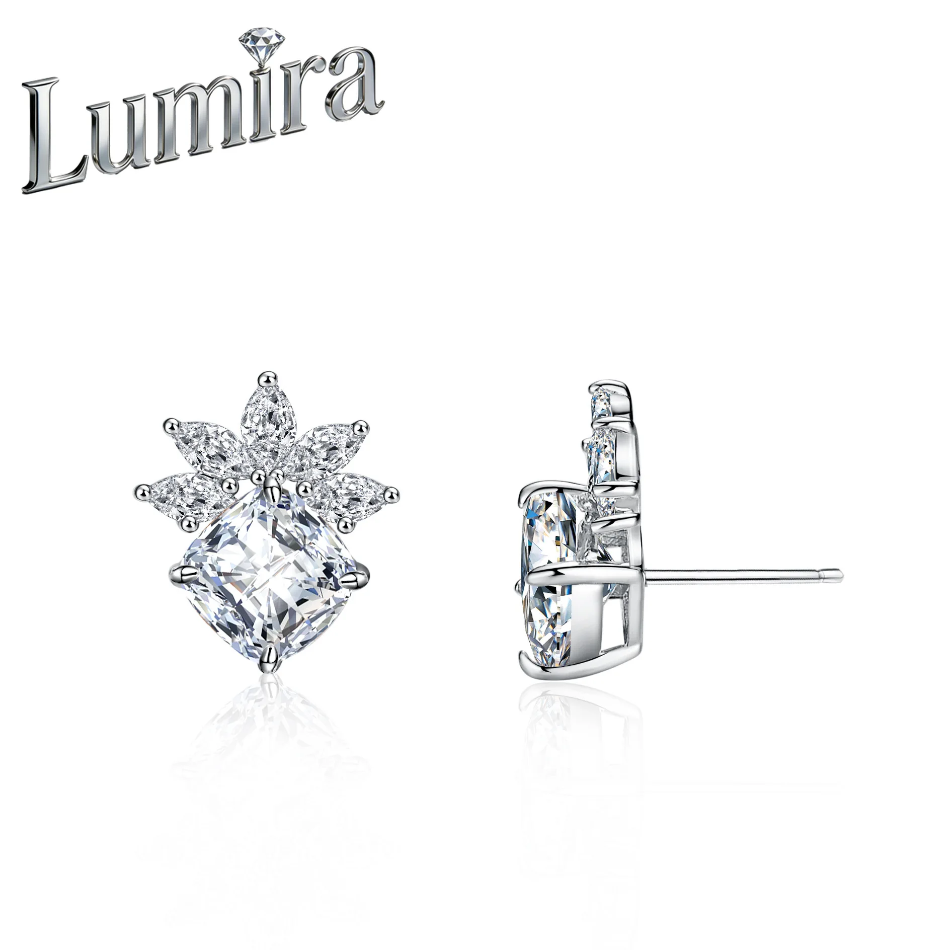 

Lumira Platinum PT950 Women's Sunflower Stud Earrings Cushion-Cut Square Pagoda Wedding-Themed Each 2.5ct Moissanite Earrings