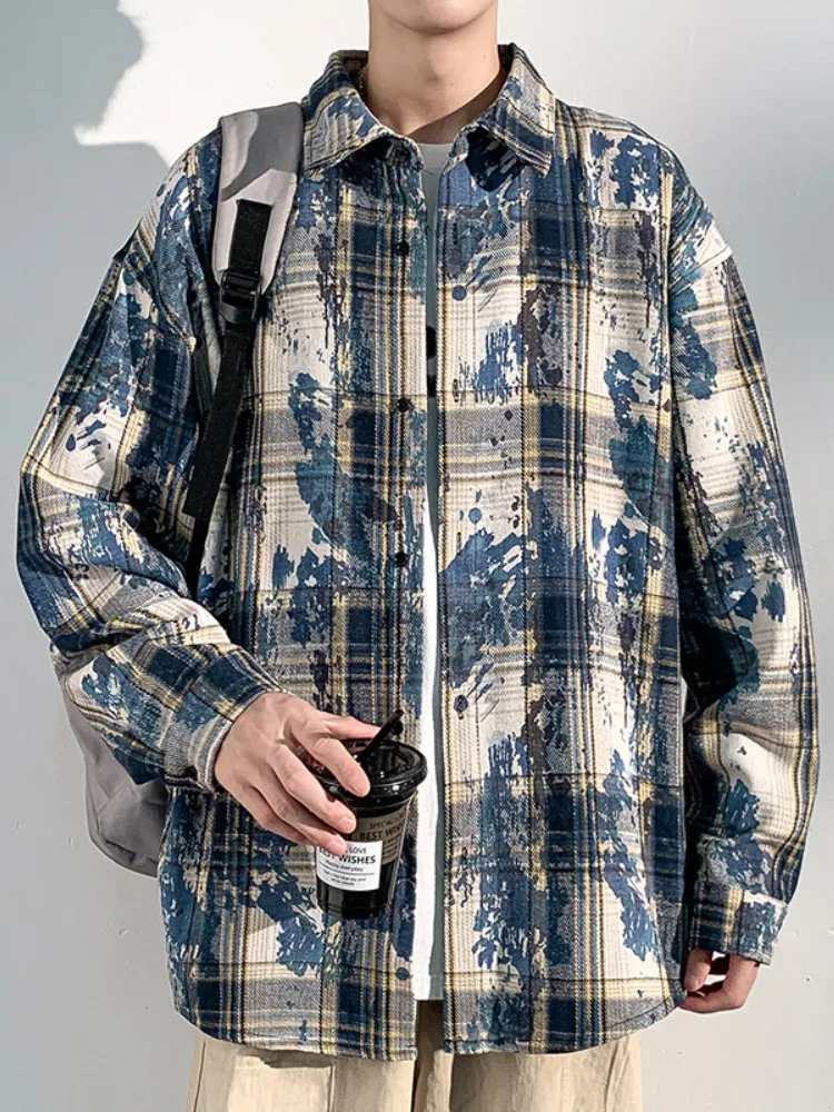 

Мужская клетчатая рубашка с длинным рукавом, тай-дай, в американском ретро-стиле, весна-осень, молодежная повседневная модная верхняя одежда из ткани гингем