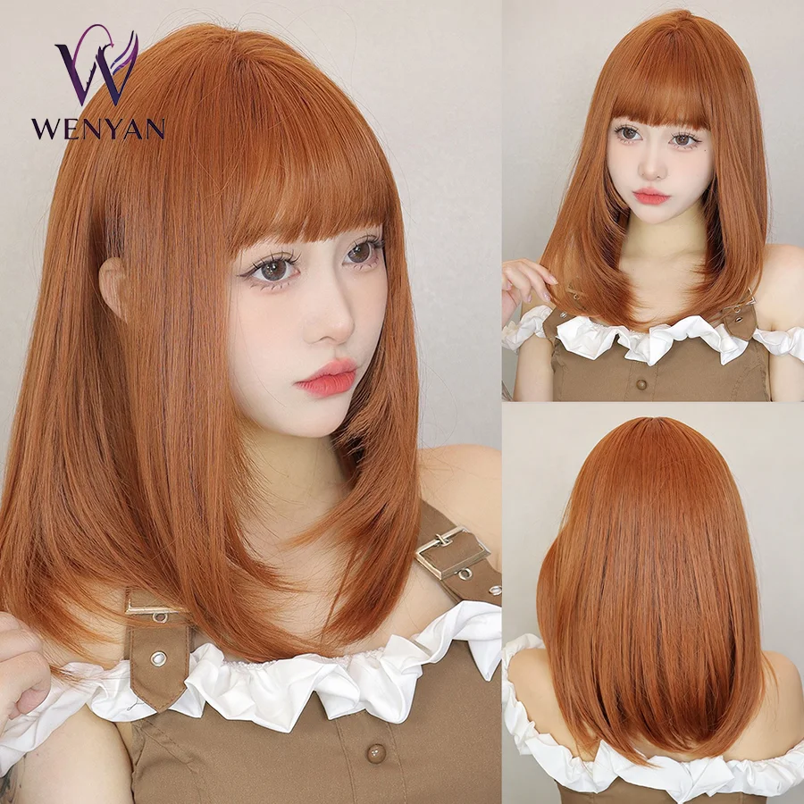 

16inch Orange Medium Length Straight Bob Synthetic Wigs with Bangs for Women High Temperature Cosplay Party Natural Hair Wigs