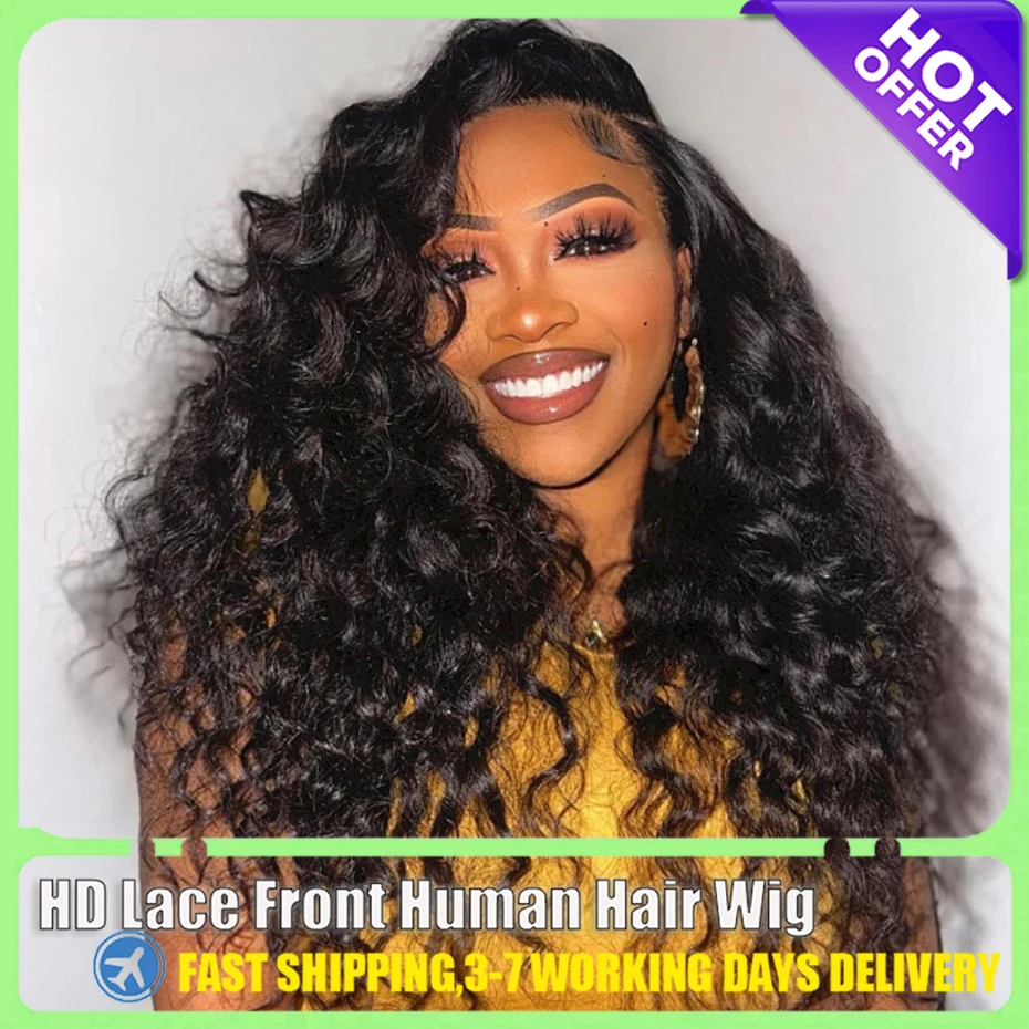 180 Density 30 40 Inch Deep Wave 13x6 HD Transparent Lace Frontal Wig Human Hair Water Curly 13x4 Lace Front Wigs For Women