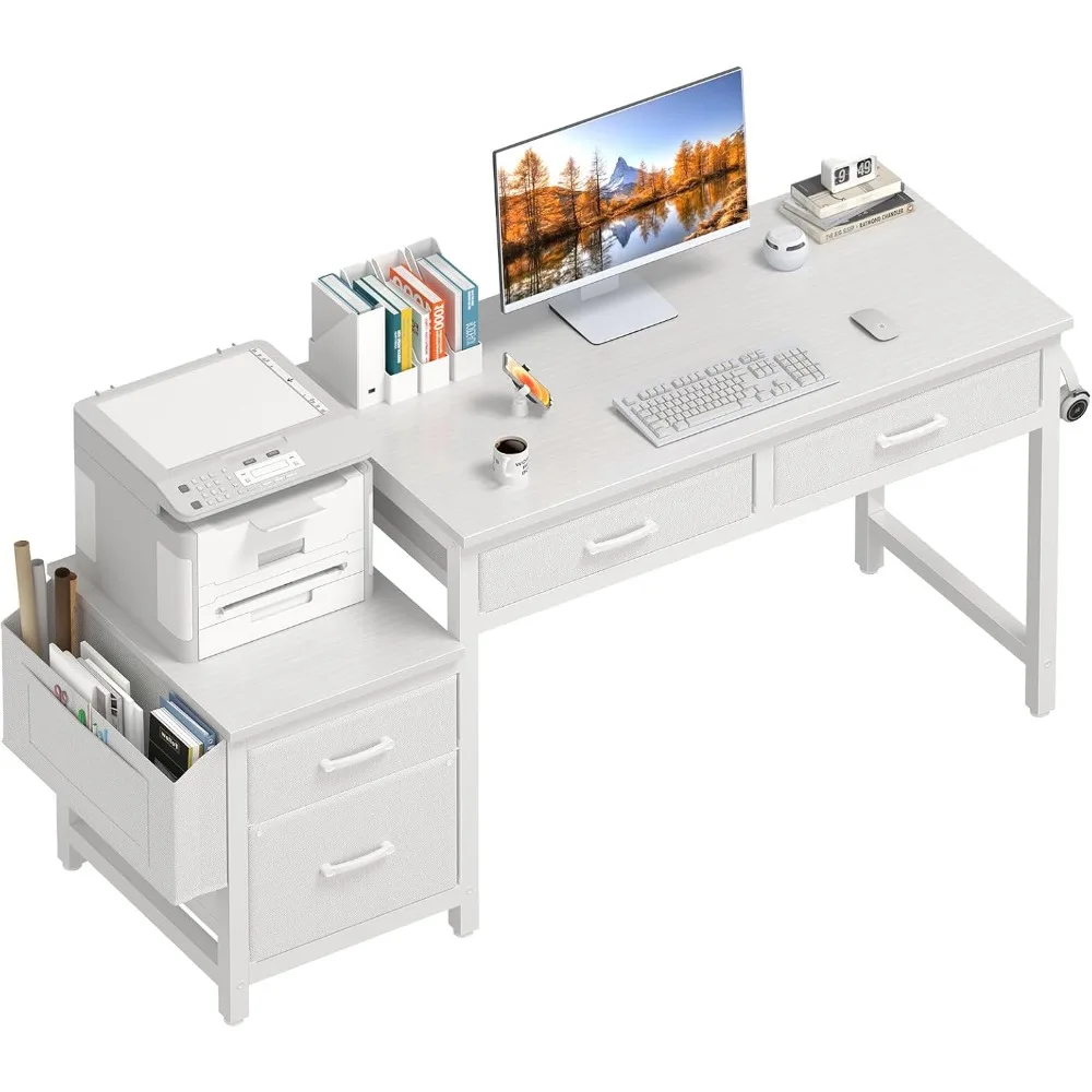 

White Computer Desk with Fabric File Drawers Cabinet, 57 Inch Home Office Desks with Reversible Filing Cabinet Printer Stand fo
