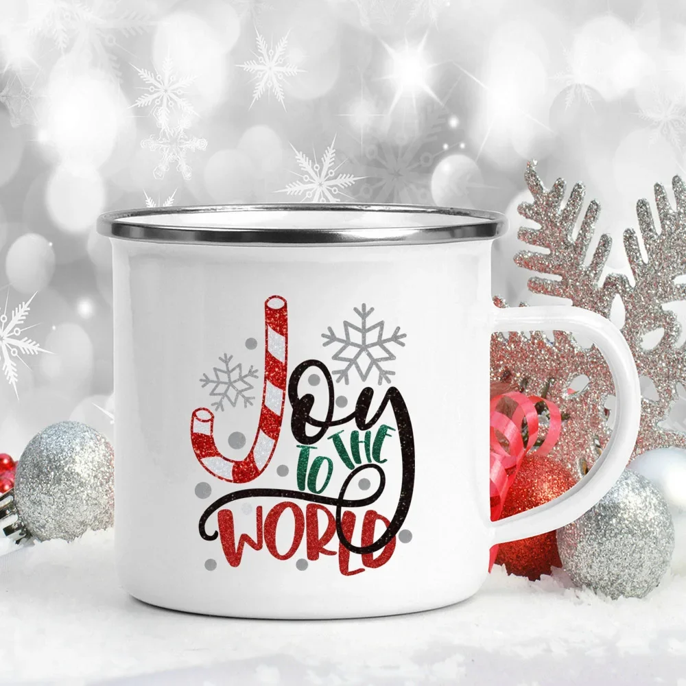 Kid Handle Breakfast Milk Enamel Cups Warm Wishes and Snowman Kiss Print Mugs Cocoa Cup Juice Drink Mug Table Decor Holiday Gift