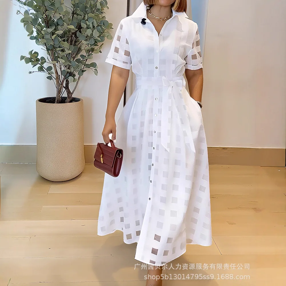 

Women Dresses Plaid Dress Pleated Sheer Turn Down Collar Ankle Length Short Sleeves Cinched Waist Single Breasted 2025 Autumn