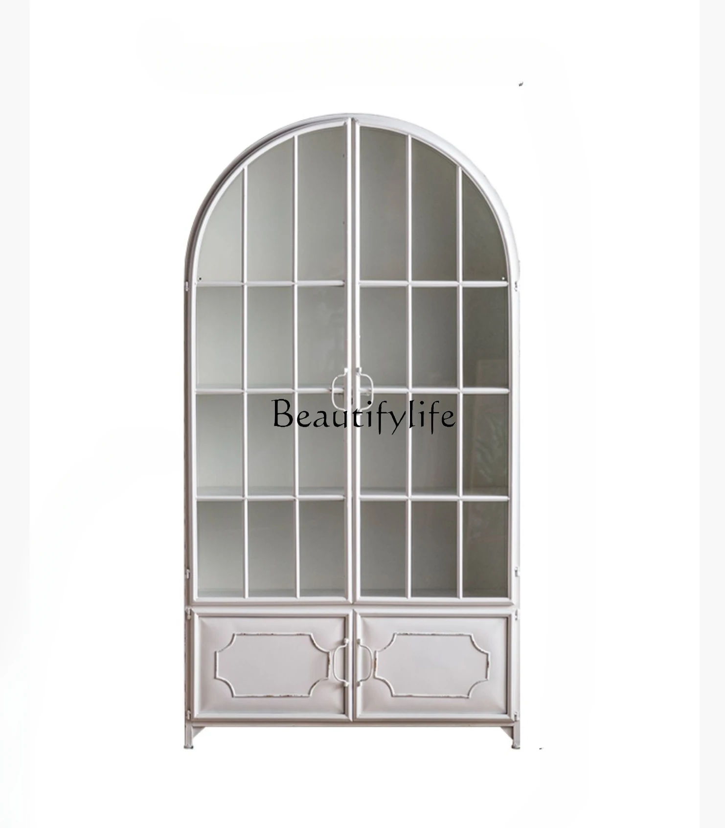 

French Style Iron Bookcase Vintage Arch with Glass Door White Living Room Meal Edge Iron Storage Wine Cabinet