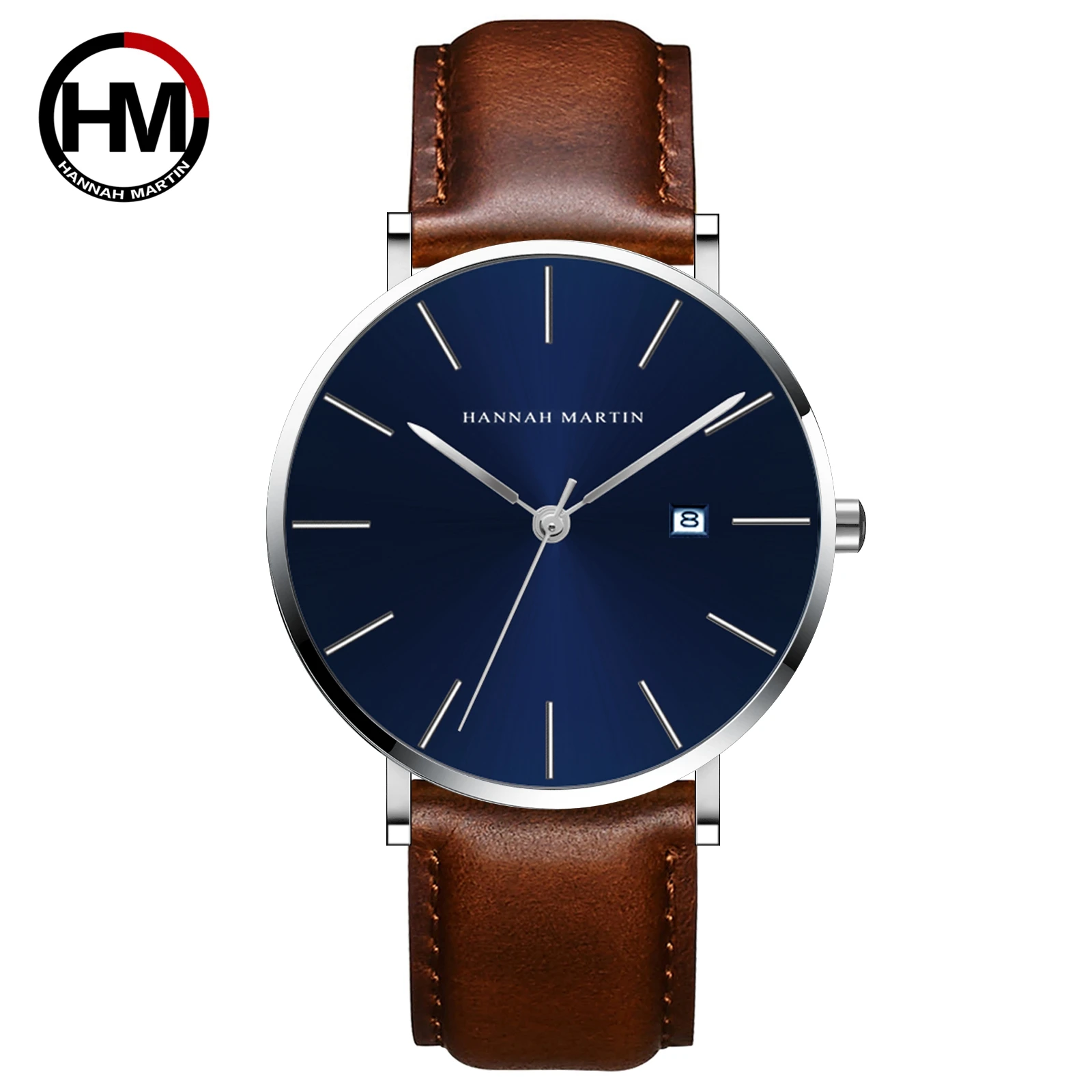 Männer Dropshipping Armbanduhr Hannah Martin Japan Bewegung 40mm Blau Minimalistischen Casual Leder Top Marke 3Bar Luxus Uhr für Männer