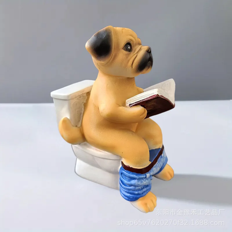 Funny Pug Dog Reading Book on Toilet Resin Figurine Creative Desktop Ornament Unique Home Decor Novelty Holiday Gift