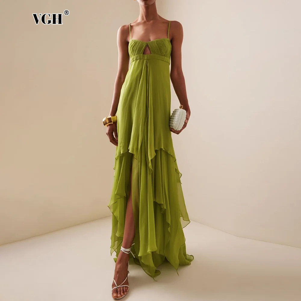 Vgh verão emendado recorte vestidos irregulares para mulheres gola quadrada sem mangas cintura alta elegante camisola vestido longo feminino novo
