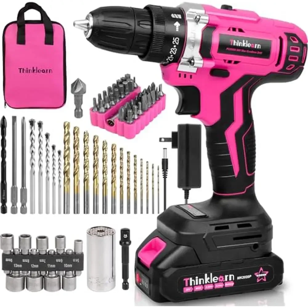 Pink Cordless Drill Set 20V Lithium-ion Power with 67Pcs Driver Bits 3/8