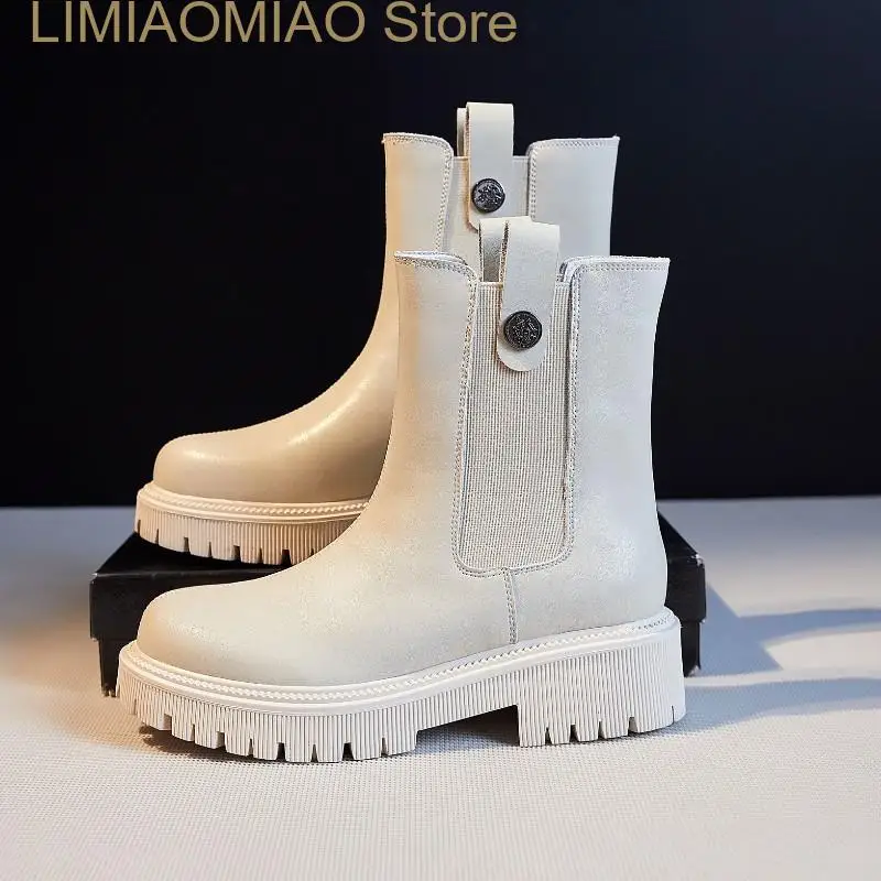 

New Ankle Boots Women Shoes White Leather Ankle Boots Women Punk Shoes Thick Bottom Motorcycle Boots