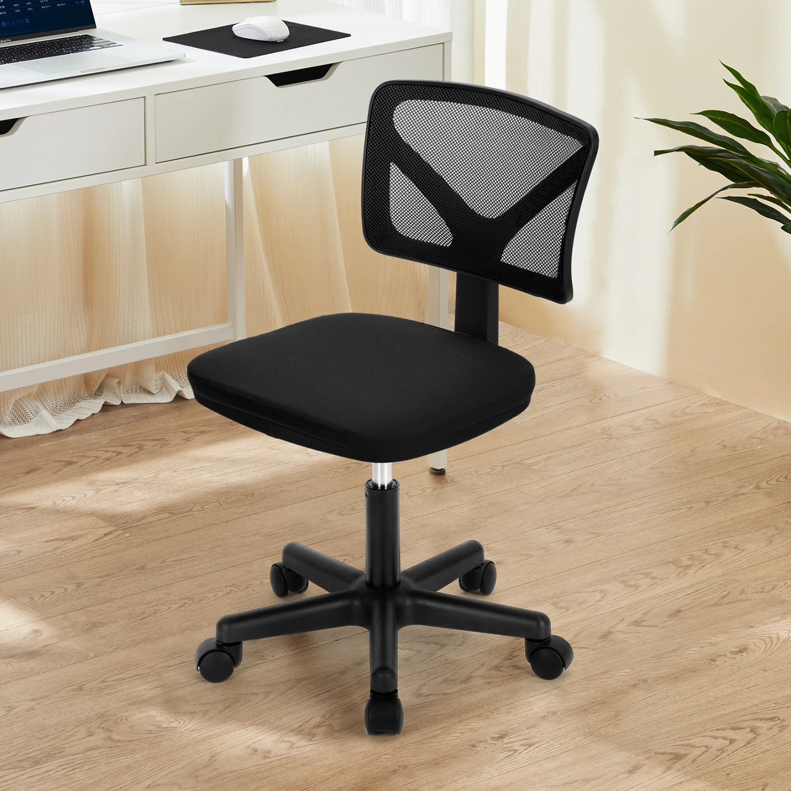#¥JHK Mesh with Lumbar Support Armless Office Chair Low Back with Wheels Adjustable Height 360°