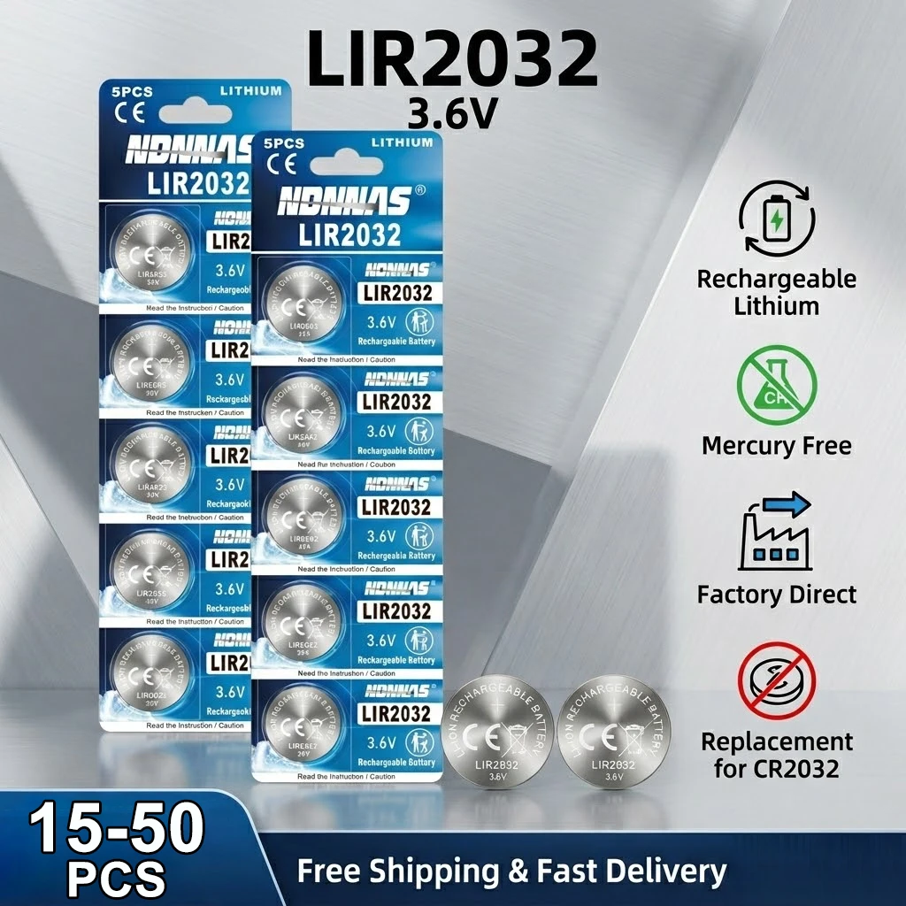 

15-50 шт. перезаряжаемых литиевых батареек LIR2032 3.6V 40mAh, замена CR2032