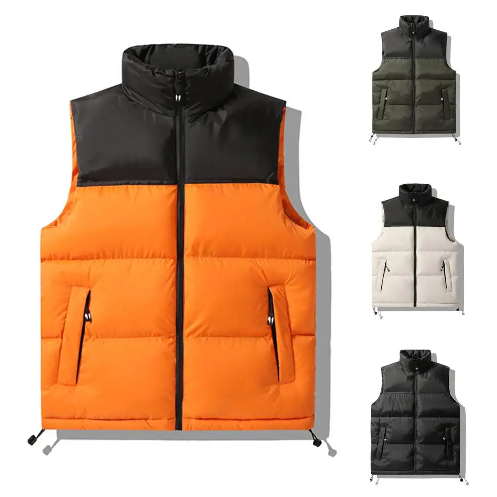 

Color-blocked Sleeveless Jacket with Pockets Men's Stand Collar Cotton Waistcoat with Pockets Zipper Placket for Casual