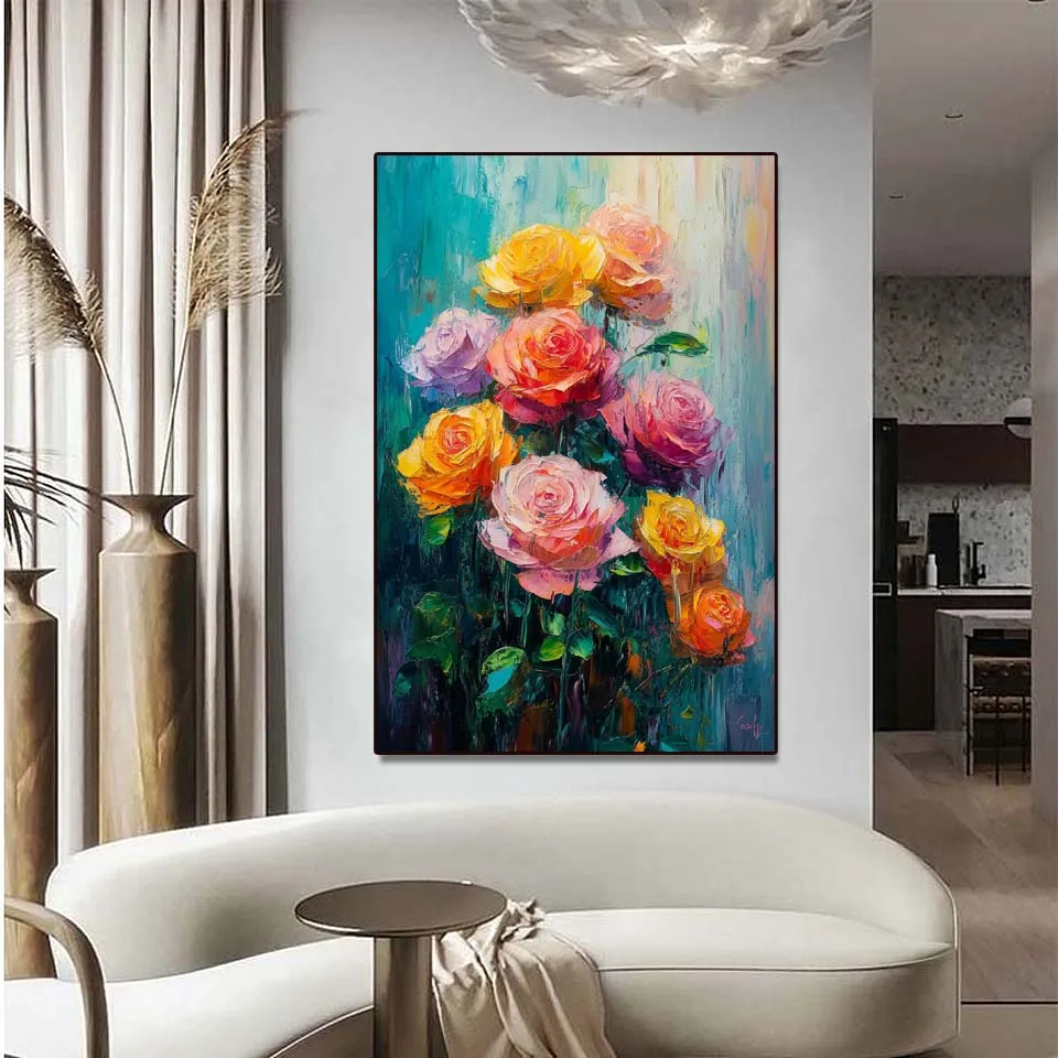 

Hand Painted Romantic Rose Flower Oil Painting On Canvas Rich Thick Texture Wall Decor for a Sophisticated Interior Aesthetic