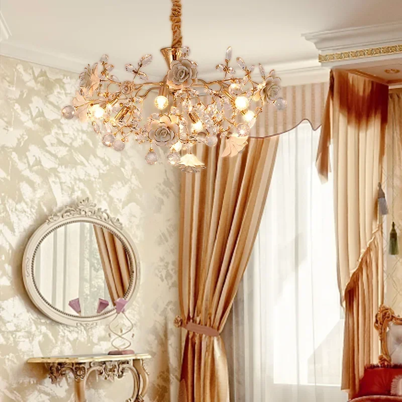 

European Crystal Chandelier Elegant White Ceramic Flower Living Room Decorative Atmosphere Bedroom Lamp