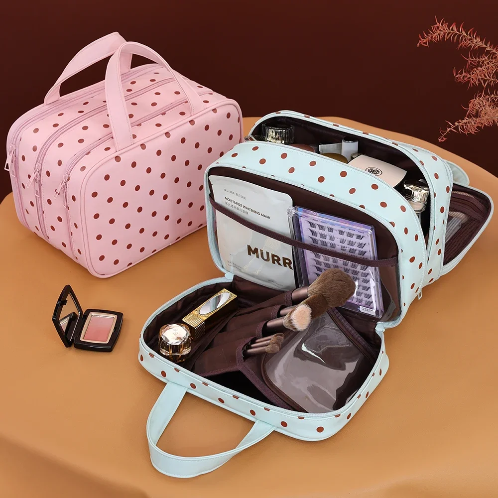 Gepunktete Kosmetiktasche mit großer Kapazität, wasserdichter PU-Reise-Toilettentaschen-Organizer, dreilagige Trennwand, Reise-Aufbewahrungstasche – Detail 10