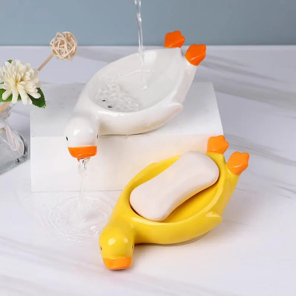 Duck Shape Soap Box Creative Ceramic Drain Soap Dish Bathroom Soap Storage Holder Household Shower Container Sponges Drainer Dry