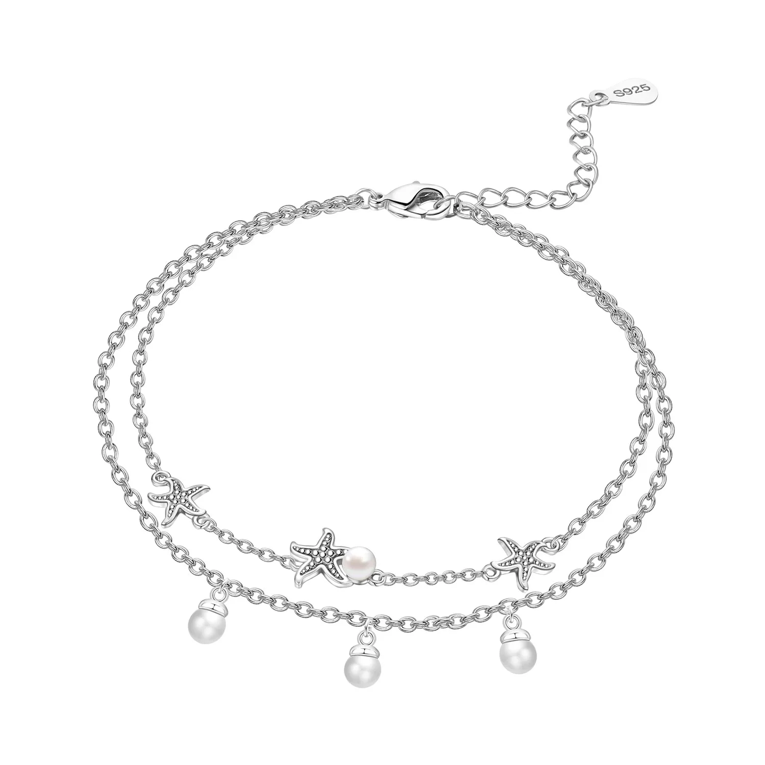 Women's S925 Sterling Silver Double Star Shaped Chain Anklet