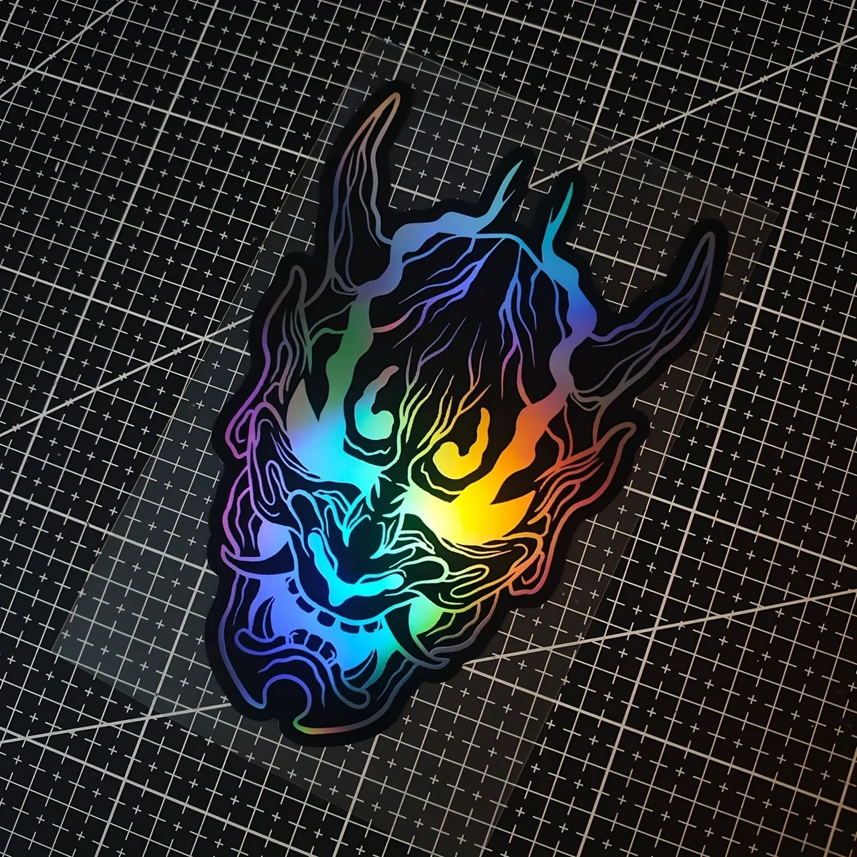 Holographic Neon Demon JDM Vinyl Sticker Waterproof Japanese Ghost Mask Decal for Motorcycle Helmet Laptop Decoration