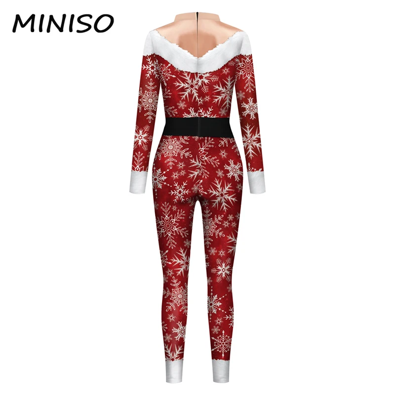 MINISO disfraz de Papá Noel de Navidad para mujer, traje de Catsuit con cinturón para adultos, estampado 3D, vestido de fiesta de Festival, ropa Sexy