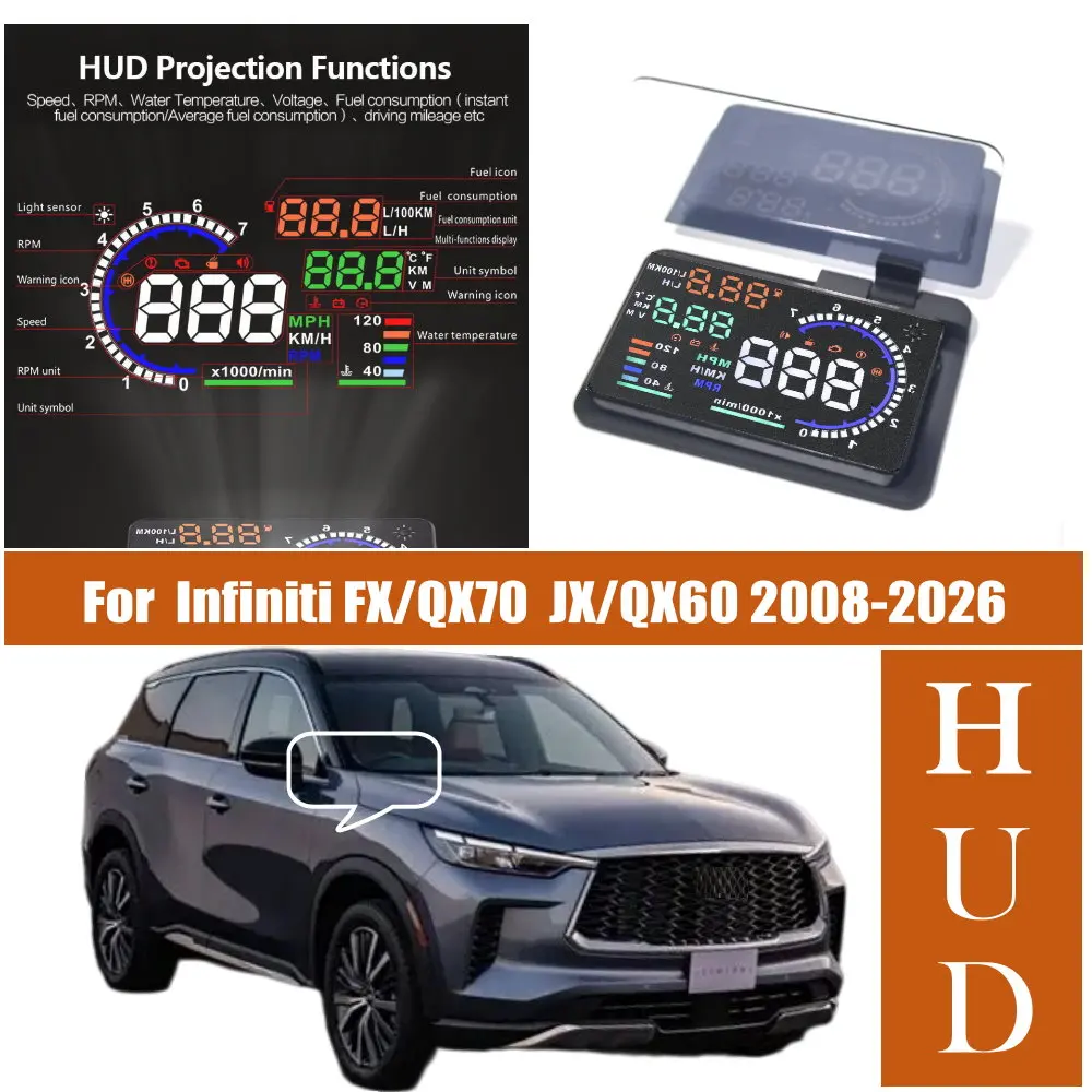 Car HUD Head Up Display LED Windshield Projection For Infiniti FX/QX70 S51 2008-2019 JX/QX60 L50 2012-2021 L51 2022-2026