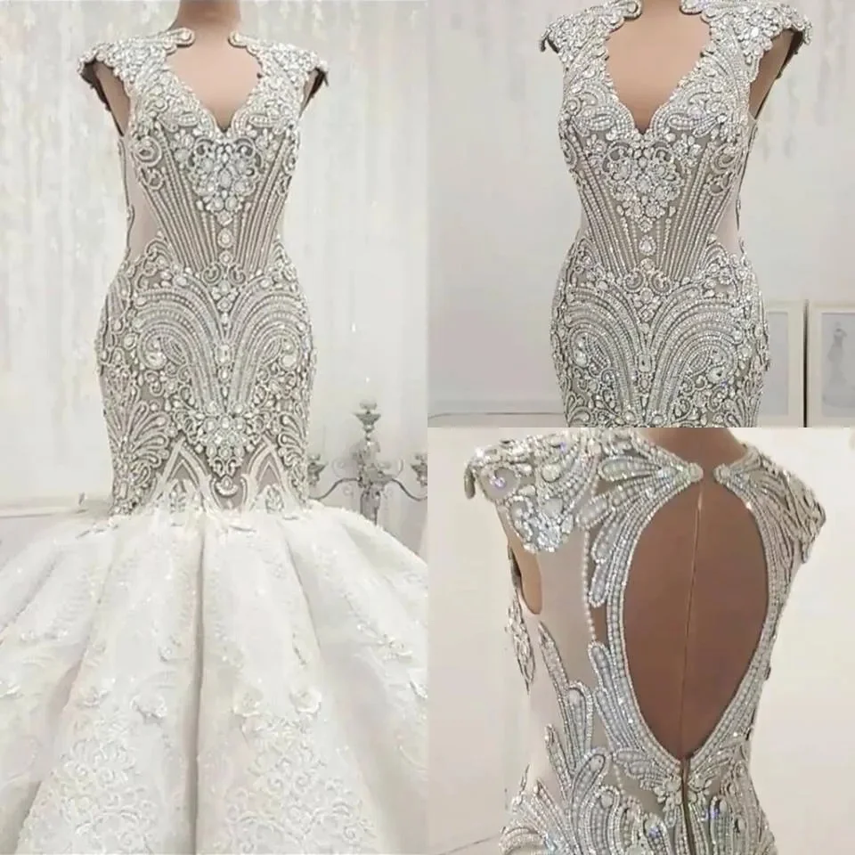 Customized White Mermaid Wedding Dresses Plus Size Beaded Crystals Lace Detachable Train Bridal Gowns Dress