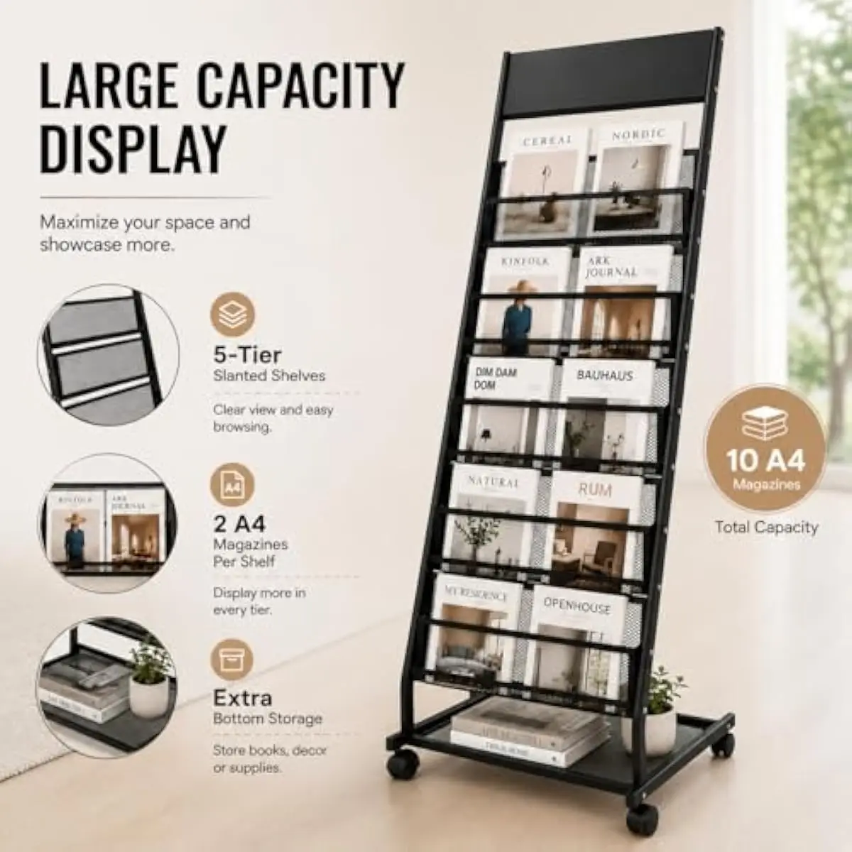 Five-Tier Mobile Magazine Stand with Locking Casters and Ventilated Grid Shelves for Brochures Catalogs Flyers Newspapers Comics