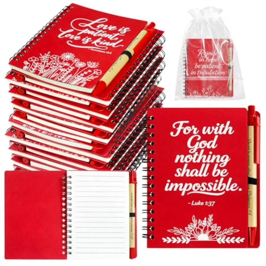

90 Pcs/30 Set Christian Gifts Bulk Prayer Journal Spiral Red Notebooks Inspirational Notepad with Bible Verse Pen and Organza B