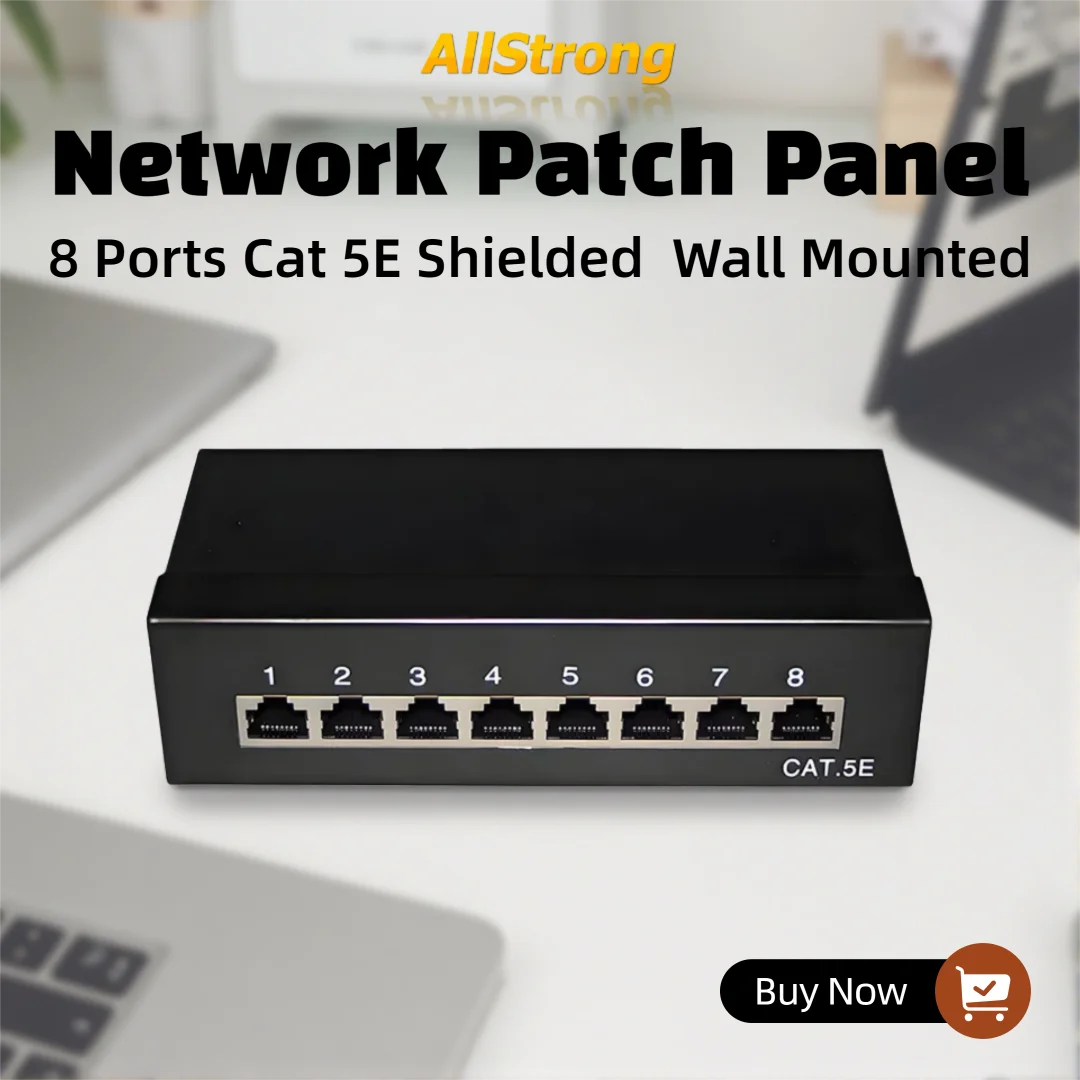 Professional 8 Port Shielded Patch Panel, Cat5e RJ45, Wall Mountable, Network Ethernet Panel for Data Center / Office / CCTV