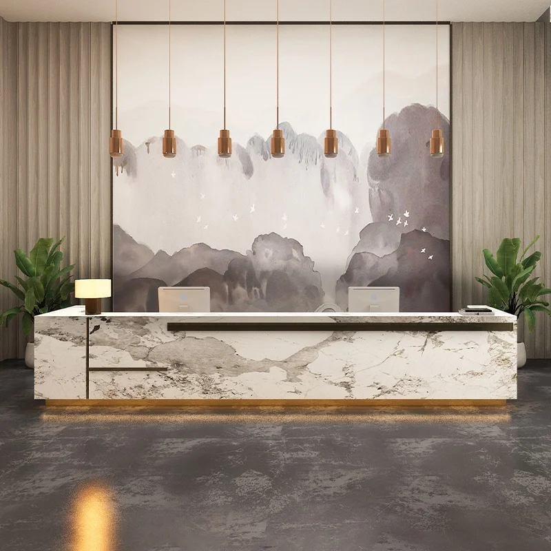 Modern Marble Company Reception Desk Custom Wood Baking Paint Cashier Bar For Hotel Office Gym Salon School Hospital Mall Use