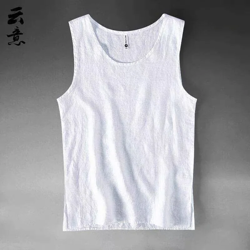 Men's Pure Linen Sleeveless Vest Summer Thin Large Size Beach Loose Cut out Sleeve Linen Material  Color Shoulder Pad