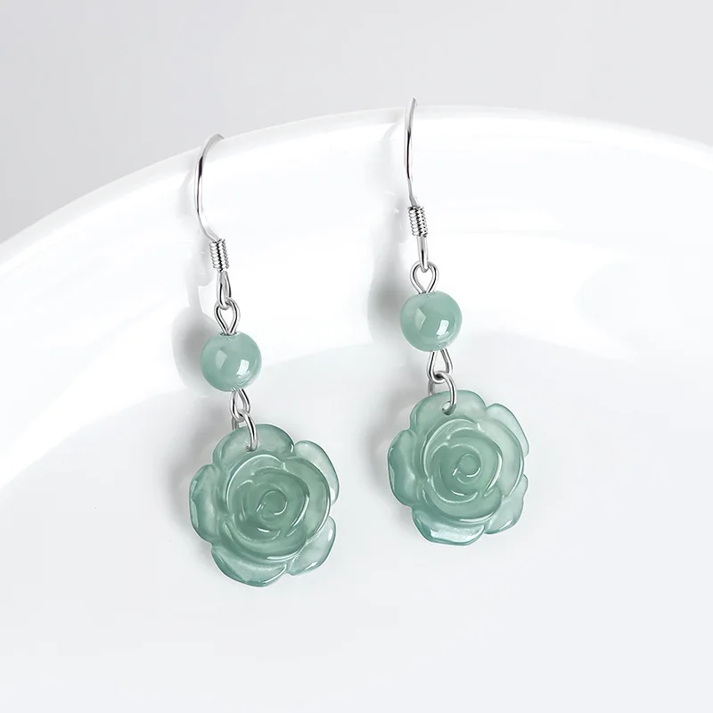 

Blue Myanmar Jade Rose Earrings Stone Natural Jewelry Gift 925 Silver Real Burmese Jadeite Luxury Gemstone Amulet Designer