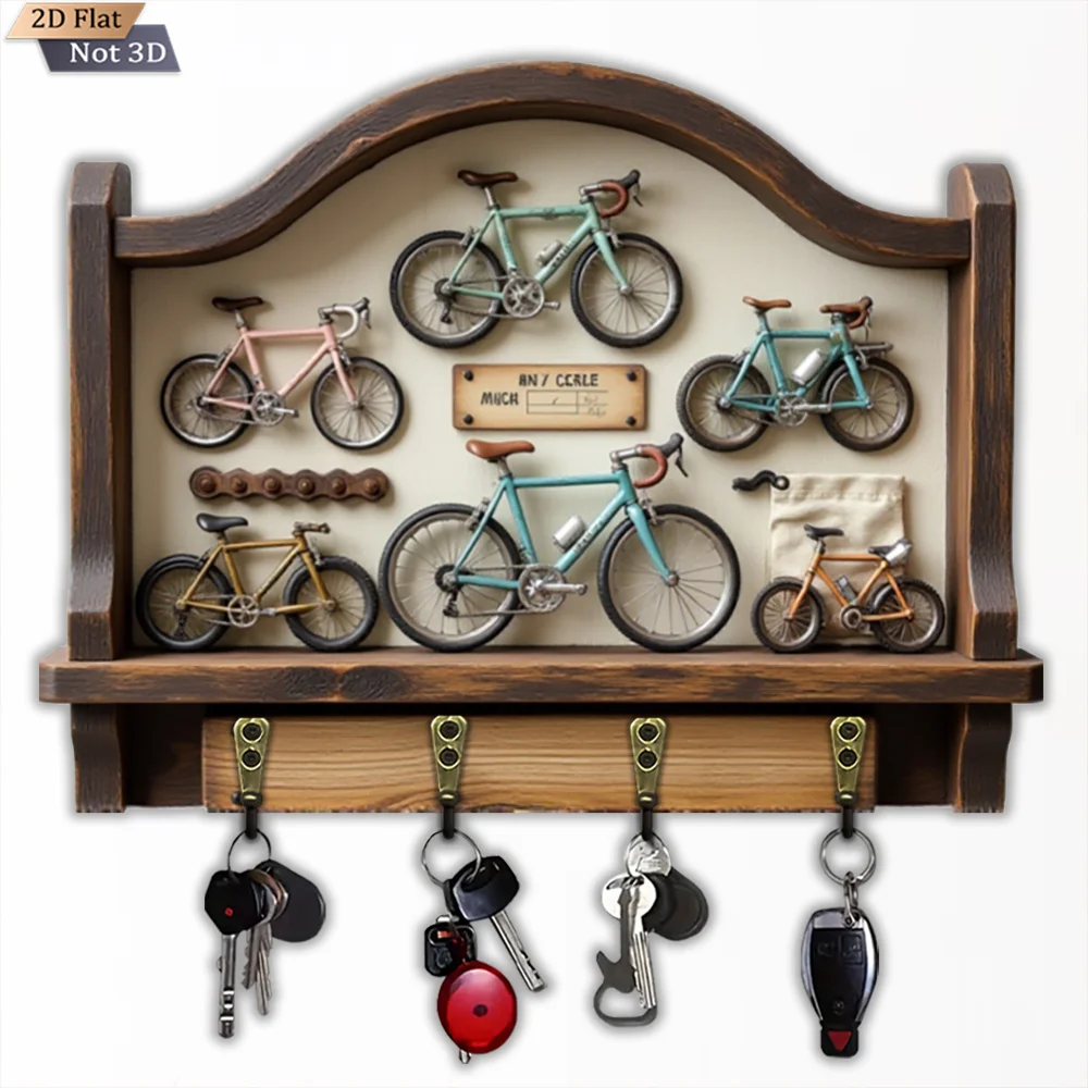 2D Flat, 1pc, Wooden Vintage Bicycle Shape Key Hook, Wooden Multifunctional Home Key Hook with Four Metal Hooks, Wall