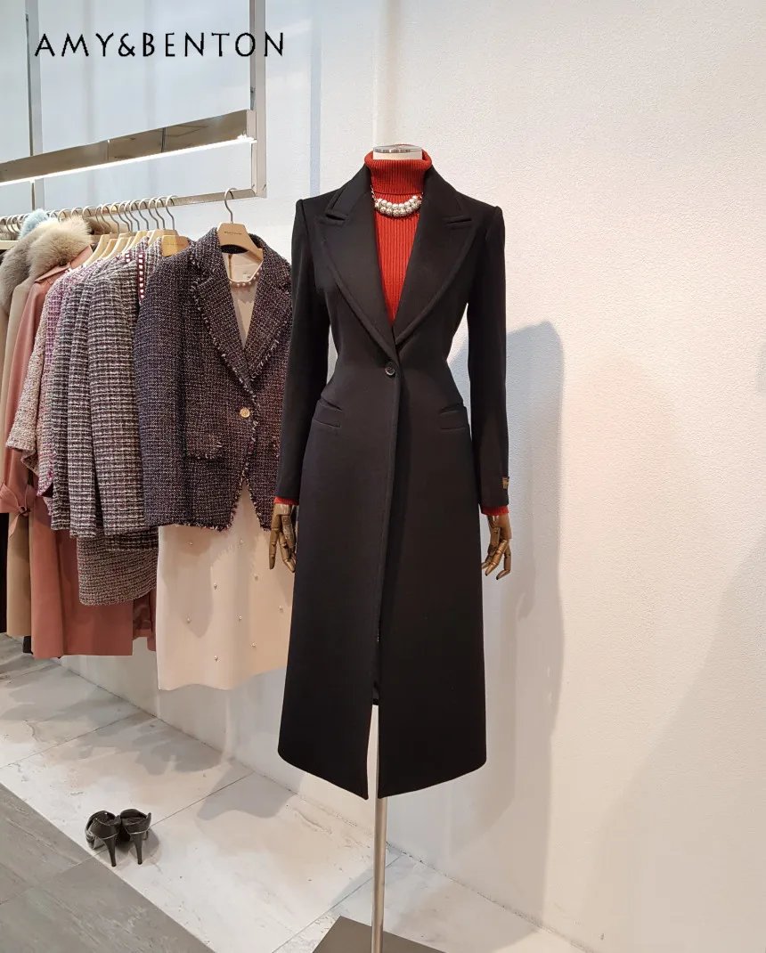 Winter New Fashion Elegant Slim Fit Lapel Wool Coat Female Cross Collar Mid-Length Pure Color All-Match Coats and Jackets Women