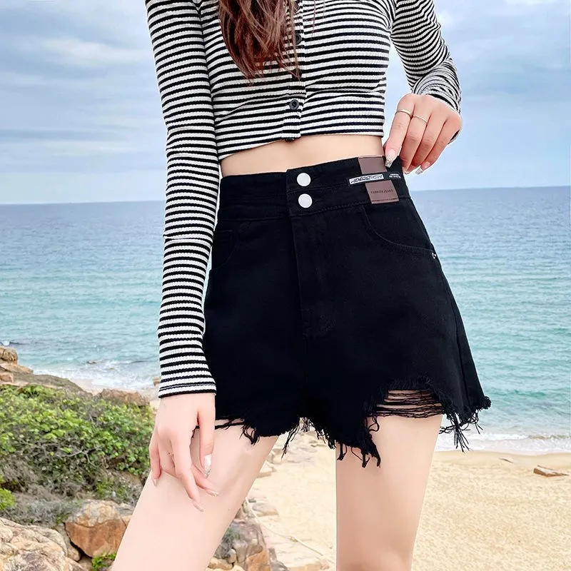 

2025 Versatile Fashion High-Waisted Denim Shorts Women's Summer Thin Loose-Fit Slimming A- Line Design Destressed Fringe Pants