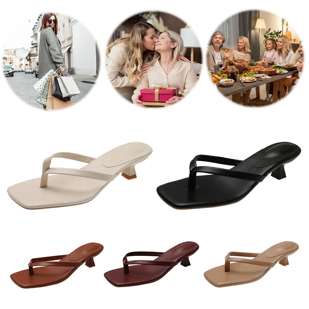 Women Stiletto Square Toe Sandals Solid Color Casual Flip-Flops PU Leather Thin Heel Flip Flops for Seaside Beach Travel image 6