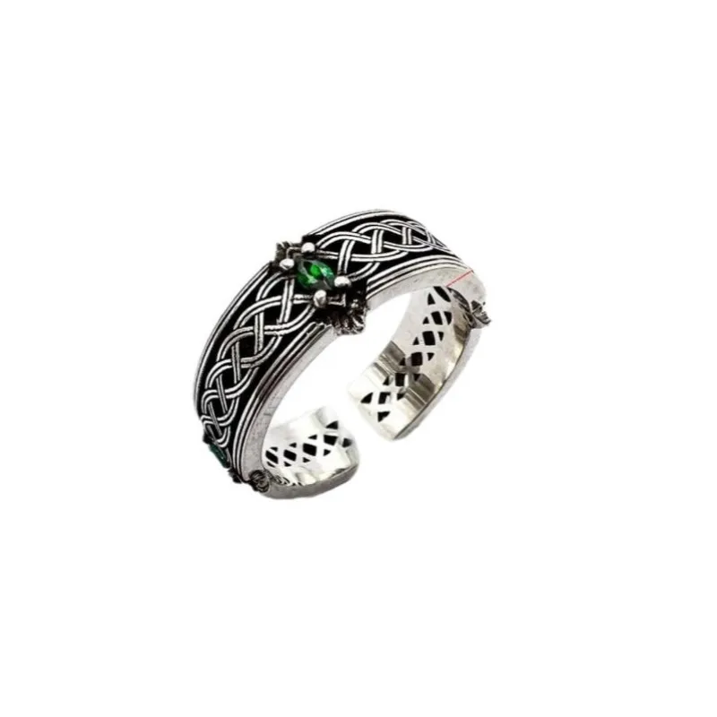 Vintage Groene Paardenogen Bronzen Set Zirkoon Mode Verweven Totem Punk Open Mannen Ring Als Een Geschenk Voor Mannen En Vrouwen