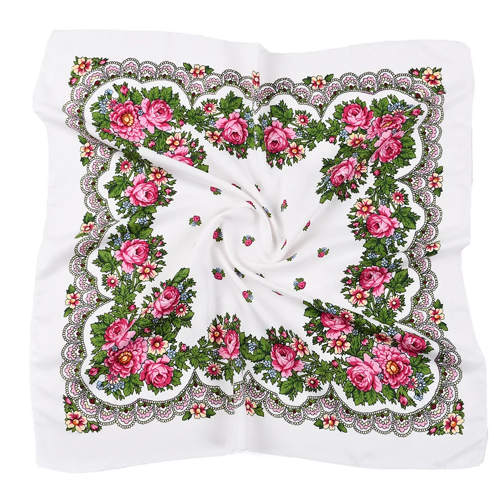 Russian Style Printed Polka Dot Square Scarf, 70cm Artificial Cotton Handkerchief, Ethnic Dust-Proof and Warm scarf