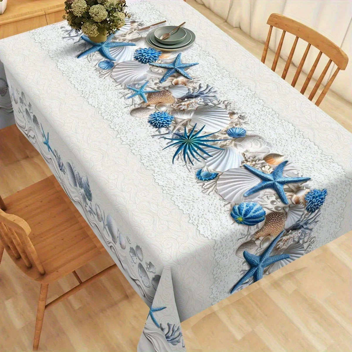 Tablecloth 1 piece, 2D flat. Coastal beach theme tablecloth featuring starfish, shells, coral, sand and butterflies.xzj