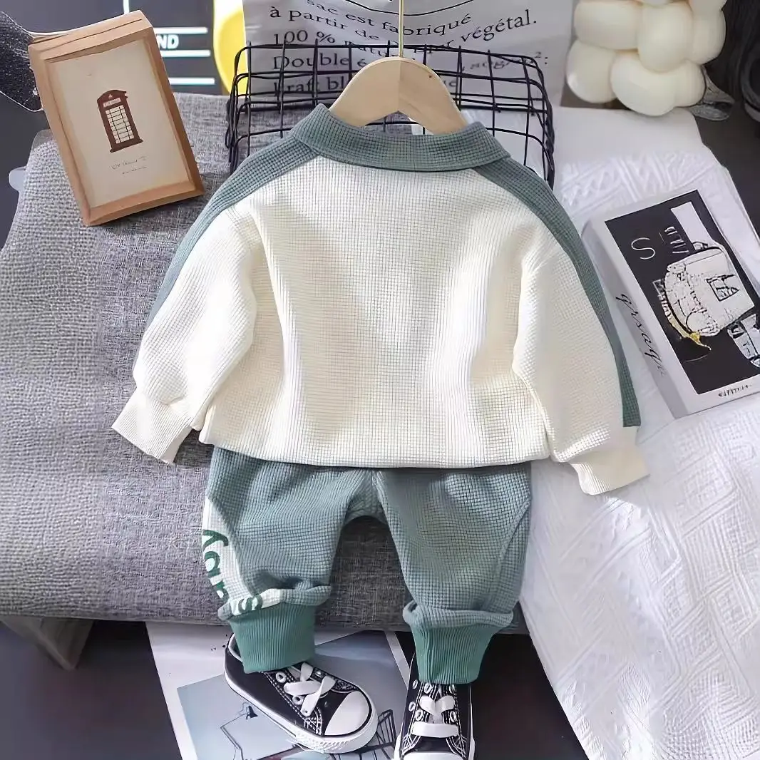 Spring and autumn toddler boy V-neck letter decorative zipper coat+solid color letter loose trousers suit