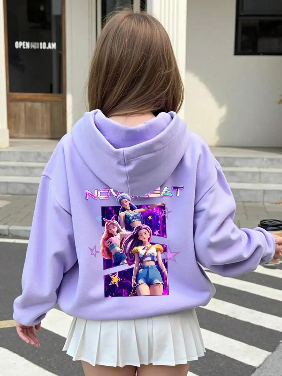 

Lavender Graphic Print Hoodie for Girls, Loose Fit Casual Sweatshirt with Star Motif and Colorful Characters