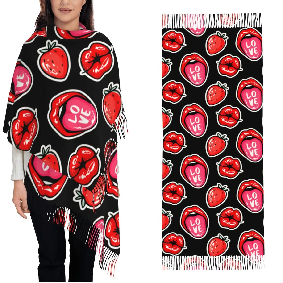 Womens Tassel Scarf  Red Lips Tongue Kiss Long Winter Warm Shawl Wrap Romantic Valentines Day Gifts Gifts Cashmere Scarf