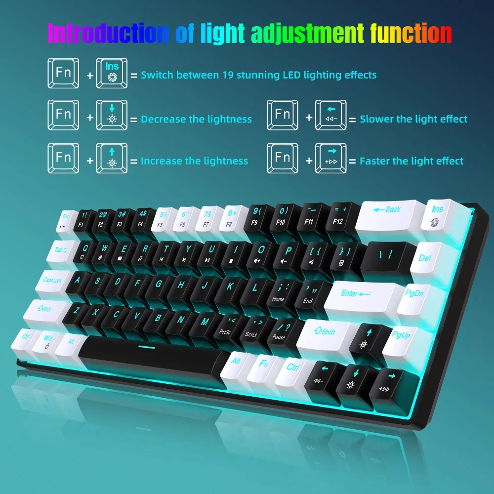 Teclado mecánico para juegos, interruptores intercambiables, diseño ergonómico, ABS, eje azul, cable USB, RGB, 68 teclas, venta al por mayor