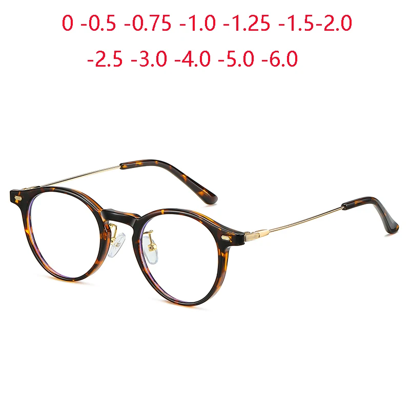 Leopard Frame Anti Blue Rays Prescription Glasses With Cylinder TR90 Round Nearsighted Glasses For Women 0 -0.5 -0.75 To -6.0