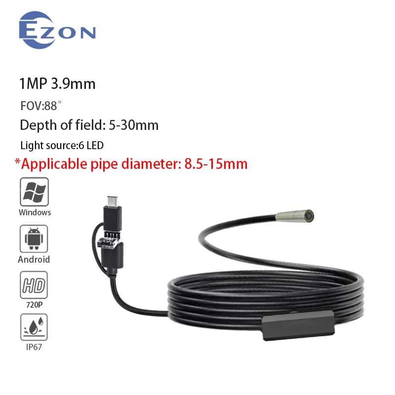 

3.9mm 88° 720P Endoscope for Cars Android Phone Type -c 1MP Mini Sewer Inspection Camera Endoscopy Usb Borescope