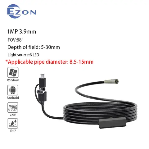 3.9mm 88° 720P Endoscope for Cars Android Phone Type -c 1MP Mini Sewer Inspection Camera Endoscopy Usb Borescope