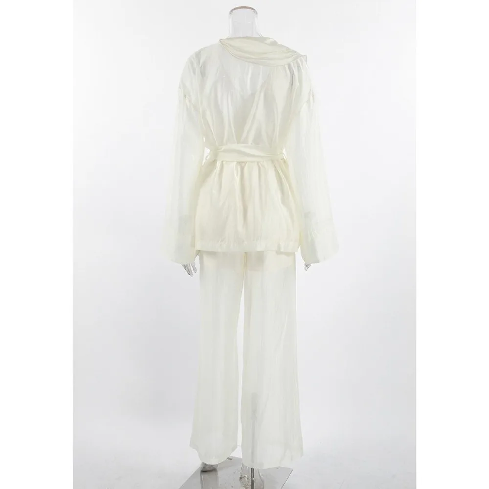Soft Drape Tencel Women Two Piece Set Wrinkle Free Ruffle Trim Wrap Front Ruffle Top Lightweight Relax Fit Wide Leg Pant Set