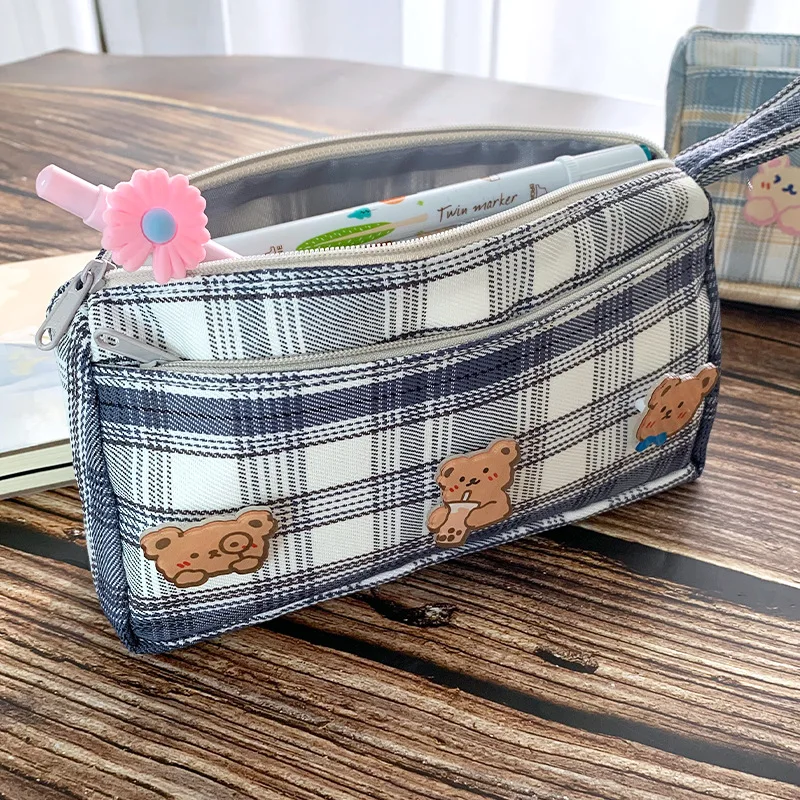 Estuche de lápices kawaii grande y lindo, bolsa de lápices súper grande, bolsa de almacenamiento de papelería de rejilla de lona, suministros