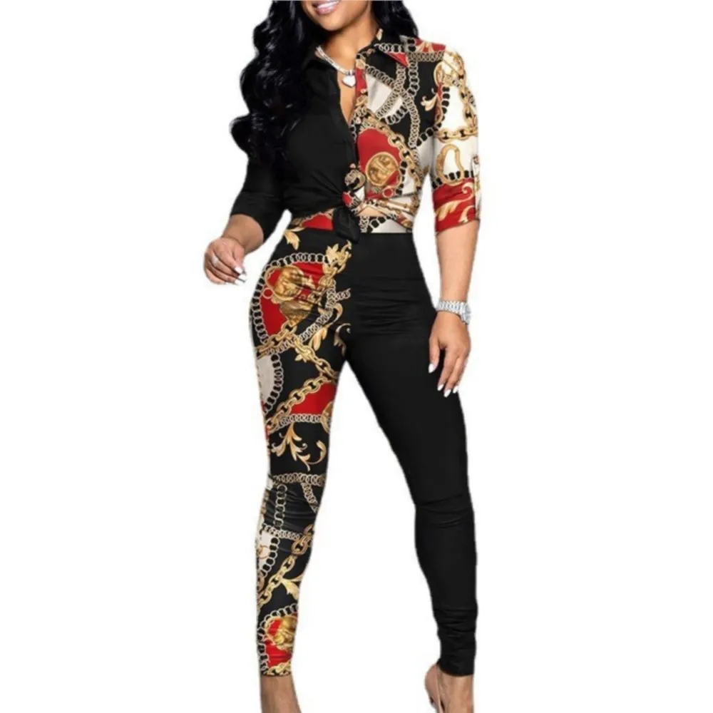 

Women's Spring Summer New Set Fashion Color Blocked Printed Long Sleeve Collar Single Breasted Shirt Casual Pants Two Piece Set