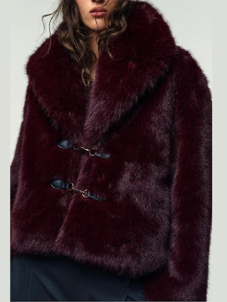

Women Trendy Wine Red Faux Fur Warm Jacket Retro Long Sleeved Single Breasted Lapel Short Coat Winter New High Street Overcoat